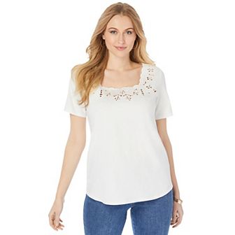 Jessica London Women's Plus Size Stretch Cotton Eyelet Cutout Tee