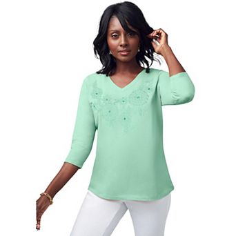 Jessica London Women's Plus Size Stretch Cotton Embroidered Tee