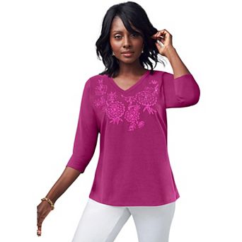 Jessica London Women's Plus Size Stretch Cotton Embroidered Tee