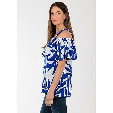 Jessica London Women's Plus Size Stretch Knit Cold Shoulder Ruffle Tunic