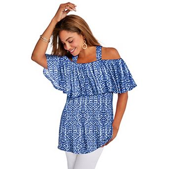 Jessica London Women's Plus Size Stretch Knit Cold Shoulder Ruffle Tunic