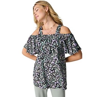 Jessica London Women's Plus Size Stretch Knit Cold Shoulder Ruffle Tunic