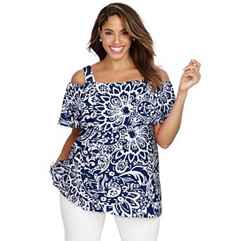 Jessica London Women's Plus Size Stretch Knit Cold Shoulder Ruffle Tunic