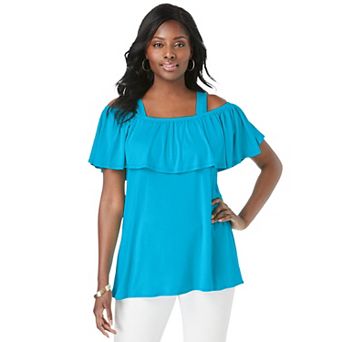 Jessica London Women's Plus Size Stretch Knit Cold Shoulder Ruffle Tunic