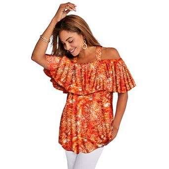 Jessica London Women's Plus Size Stretch Knit Cold Shoulder Ruffle Tunic