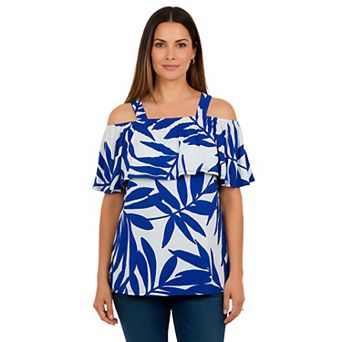 Jessica London Women's Plus Size Stretch Knit Cold Shoulder Ruffle Tunic