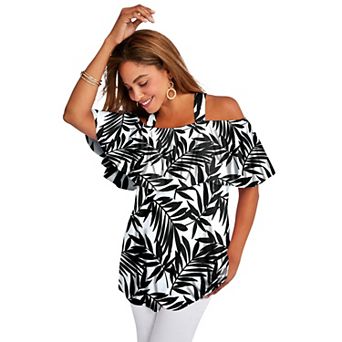 Jessica London Women's Plus Size Stretch Knit Cold Shoulder Ruffle Tunic