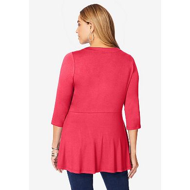 Jessica London Women's Plus Size Stretch Knit Henley Notch Babydoll Tunic
