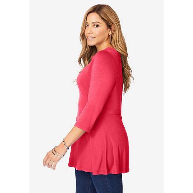 Jessica London Women's Plus Size Stretch Knit Henley Notch Babydoll Tunic