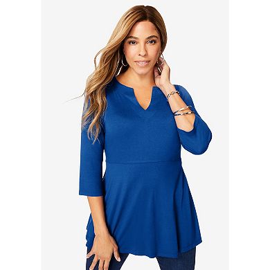 Jessica London Women's Plus Size Stretch Knit Henley Notch Babydoll Tunic