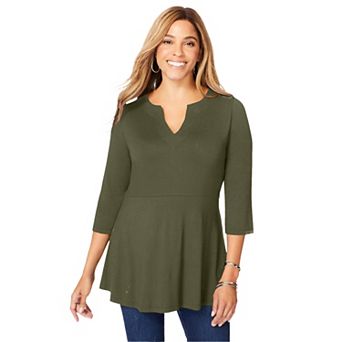 Jessica London Women's Plus Size Stretch Knit Henley Notch Babydoll Tunic