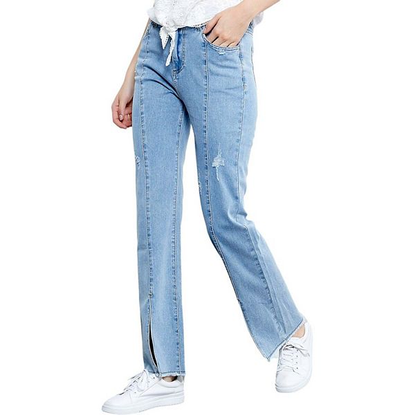 Women's High Rise Straight Leg Ankle Jeans Washed Side Slit Denim Pants
