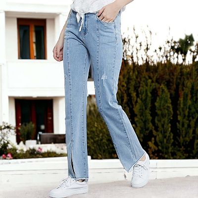 Women's Mid Rise Slit Stretchy Straight Leg Jeans Pants With 5 Pockets