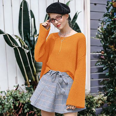 Women's Lantern Long Sleeve Round Neck Solid Color Pullover Knitted Sweater Tops