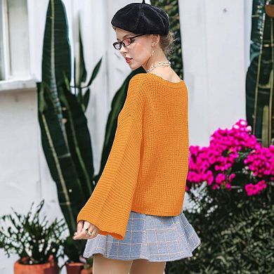 Women's Lantern Long Sleeve Round Neck Solid Color Pullover Knitted Sweater Tops