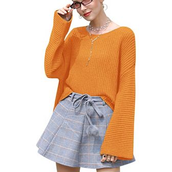 Women's Lantern Long Sleeve Round Neck Solid Color Pullover Knitted Sweater Tops