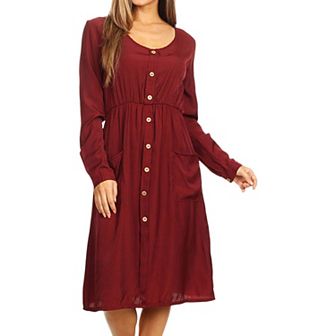 Women's Long-Sleeve Button Down Swing Dress