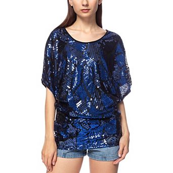 Women's Loose Fit Sequin Dolman Sleeve Evening Blouse Top