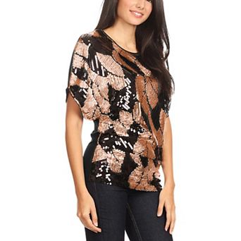 Women's Loose Fit Sequin Dolman Sleeve Evening Blouse Top