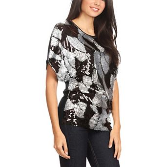 Women's Loose Fit Sequin Dolman Sleeve Evening Blouse Top