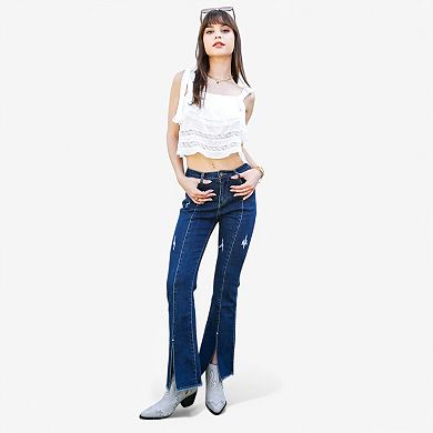 Women's High Waist Distressed Slit Denim Jeans Long Pants With Pockets