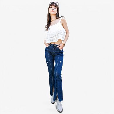 Women's High Waist Distressed Slit Denim Jeans Long Pants With Pockets