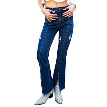 Women's High Waist Distressed Slit Denim Jeans Long Pants With Pockets