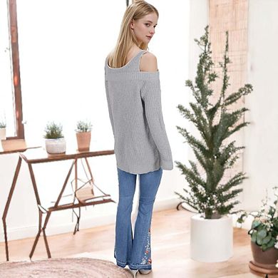Women's Long Sleeve Cold Shoulder Knit Pullover Sweater