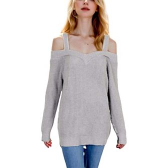 Women's Long Sleeve Cold Shoulder Knit Pullover Sweater