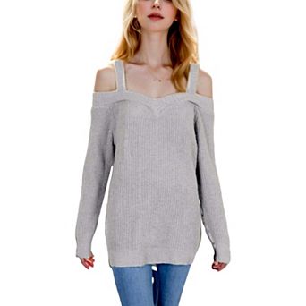 Women's Long Sleeve Cold Shoulder Knit Pullover Sweater