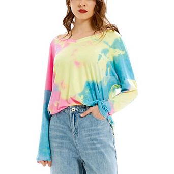 Women's Long Sleeve T Shirt V Neck Casual Basic Tee Tie Dye Tops