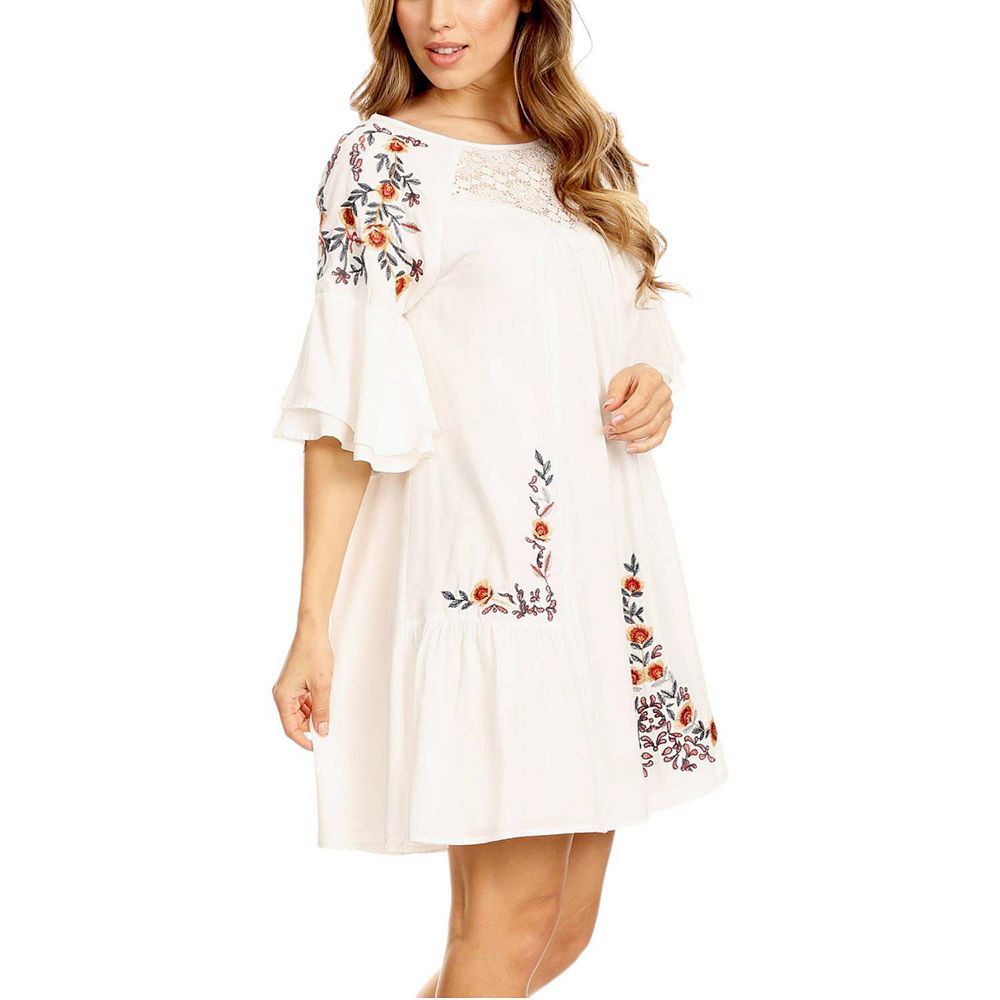 bell sleeve embroidered dress Blue Flowing Beauty Embroidered Long Sleeve Midi Dress – FARM Rio