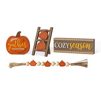 Glitzhome Set of 4 Word Signs Tiered Tray Table Decor, 10.75"L Fall Wooden Tabletop Decoration