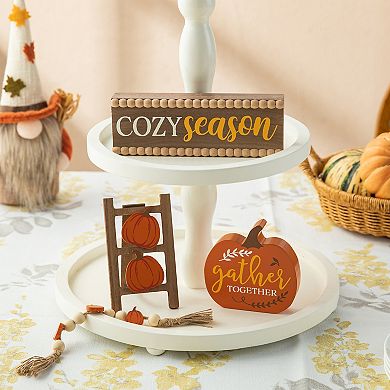 Glitzhome 10.75"l Set Of 4 Fall Wooden Word Pumpkin Signs Tiered Tray Table Décor