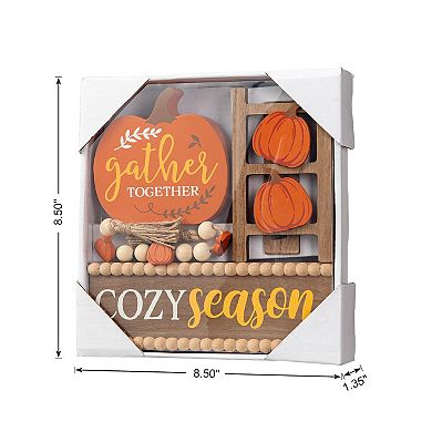 Glitzhome 10.75"l Set Of 4 Fall Wooden Word Pumpkin Signs Tiered Tray Table Décor