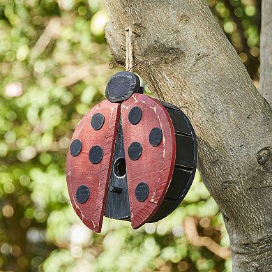 Glitzhome Distressed Solid Wood Ladybug Birdhouse
