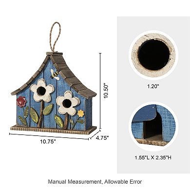 Glitzhome Distressed Solid Wood Hanging Birdhouse With 3d Flowers