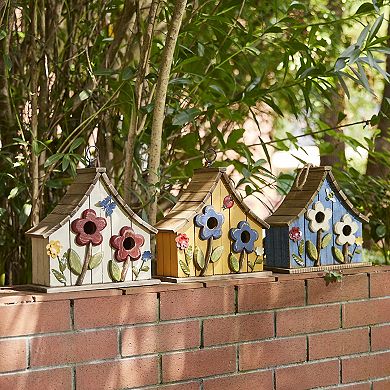 Glitzhome Distressed Solid Wood Hanging Birdhouse With 3d Flowers