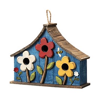 Glitzhome Distressed Solid Wood Hanging Birdhouse With 3d Flowers