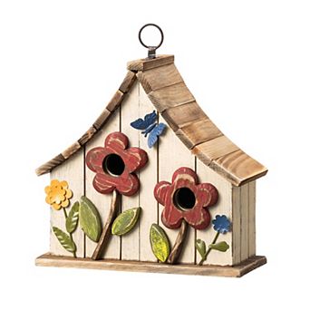 Glitzhome Distressed Solid Wood Hanging Birdhouse With 3d Flowers