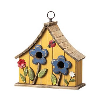 Glitzhome Distressed Solid Wood Hanging Birdhouse With 3d Flowers