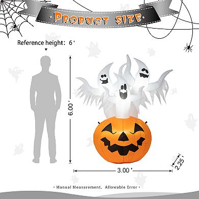Glitzhome 6FT Lighted 3 Ghosts In Jack-O-Lantern Pumpkin with Scream Inflatable Decor