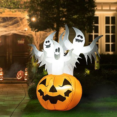 Glitzhome 6FT Lighted 3 Ghosts In Jack-O-Lantern Pumpkin with Scream Inflatable Decor