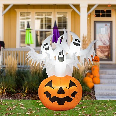 Glitzhome 6FT Lighted 3 Ghosts In Jack-O-Lantern Pumpkin with Scream Inflatable Decor