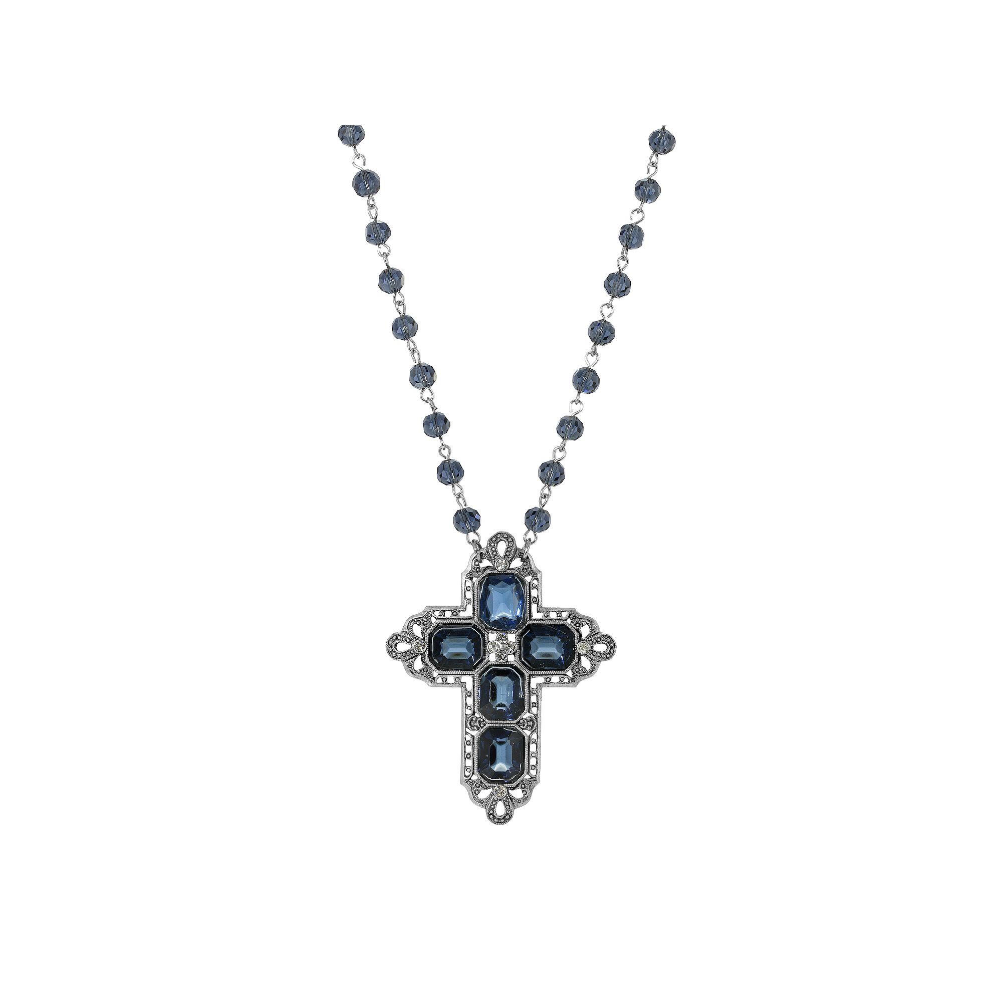 1928 Crystal Cross Beaded Necklace, Womens, Blue