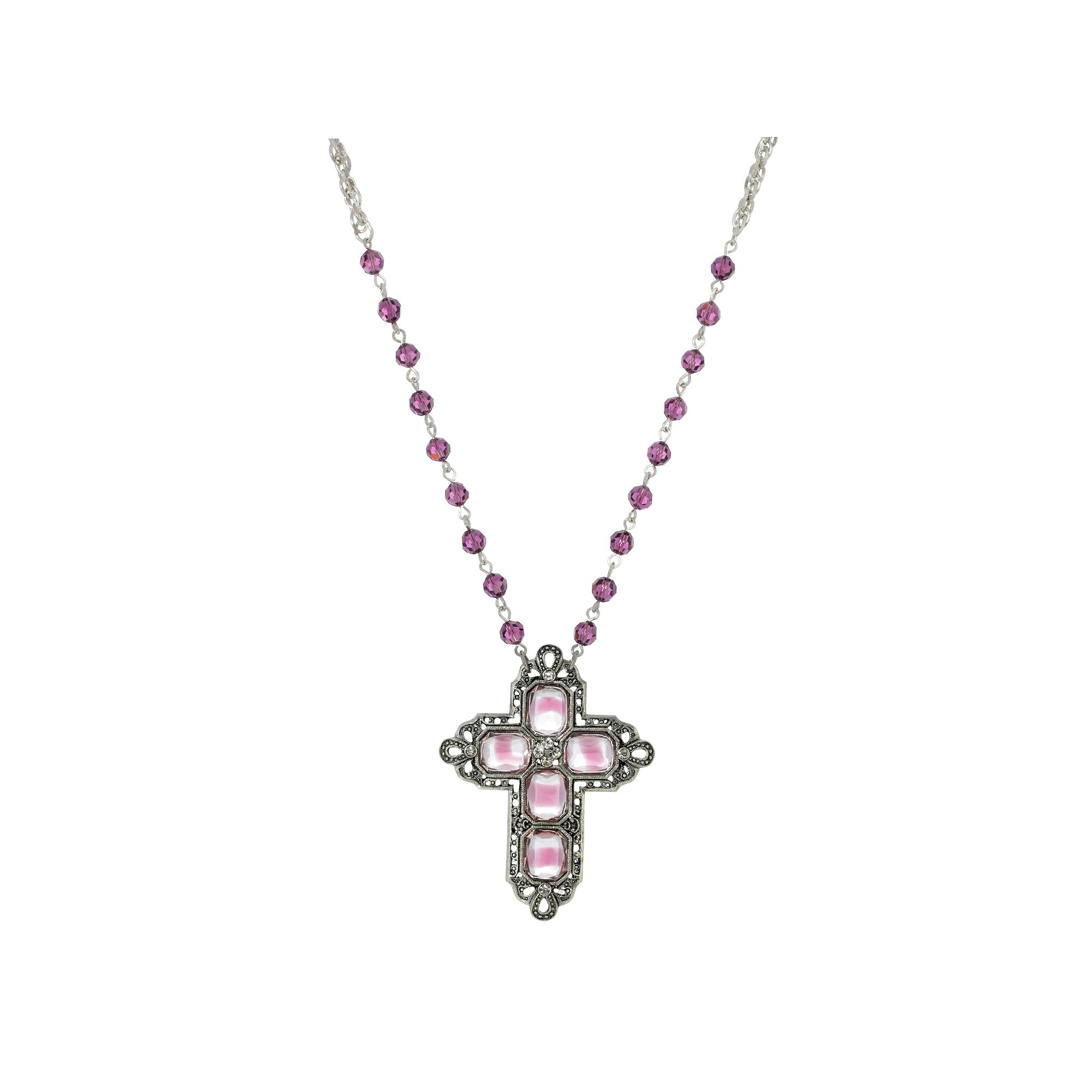 1928 Crystal Cross Beaded Necklace, Womens, Purple