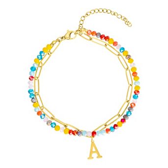 Adornia Gold Tone Adjustable Layered Color Simulated Stone & Paperclip Chain Initial Bracelet