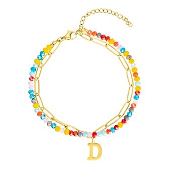 Adornia Gold Tone Adjustable Layered Color Simulated Stone & Paperclip Chain Initial Bracelet
