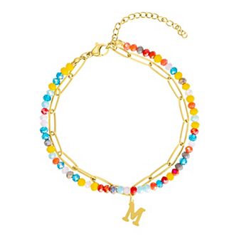 Adornia Gold Tone Adjustable Layered Color Simulated Stone & Paperclip Chain Initial Bracelet