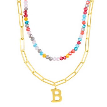 Adornia Gold Tone Adjustable Layered Color Simulated Stone Beads & Paperclip Chain Initial Necklace